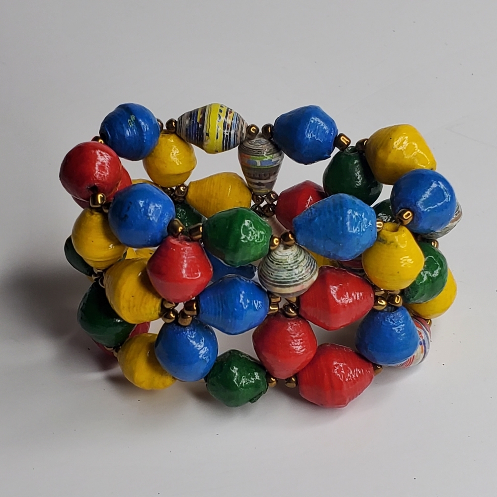 Vintage Handmade Wooden bead colorful stretchy bracelet 2" thick